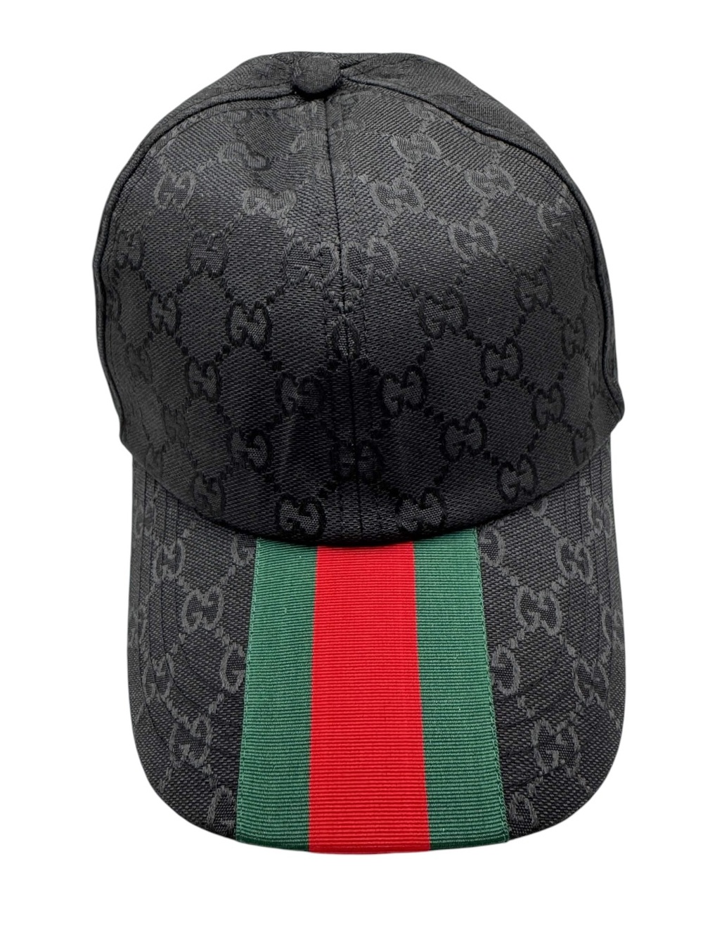 Gucci Black GG Canvas Monogram Baseball Cap with Red & Green Stripe Center